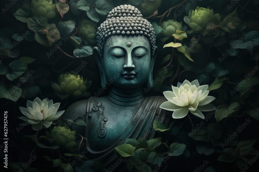 Buddha statue with lotus flower and green leaves background.Generative Ai