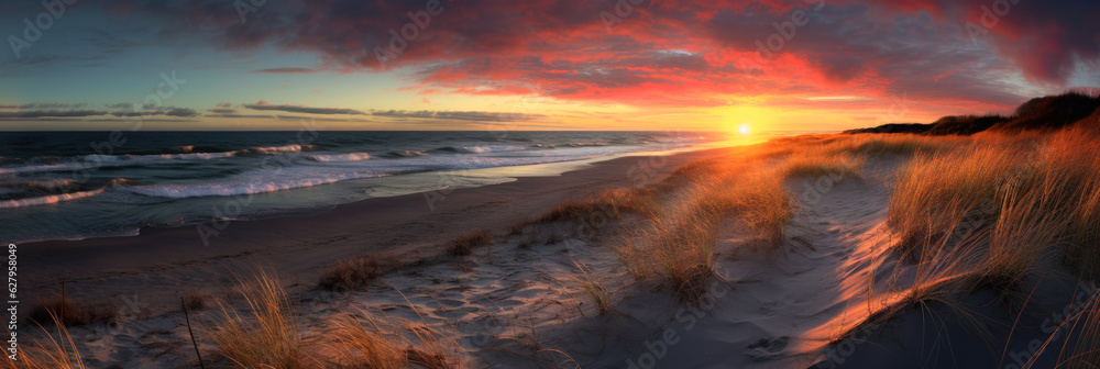 Sunset at the dune beach. Generative AI