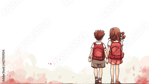 AI generated. Vector illustration. School boy and girl with satchel standing next to each other, holding hands. backview. White background. Back to school theme. Cute. Copy space available.