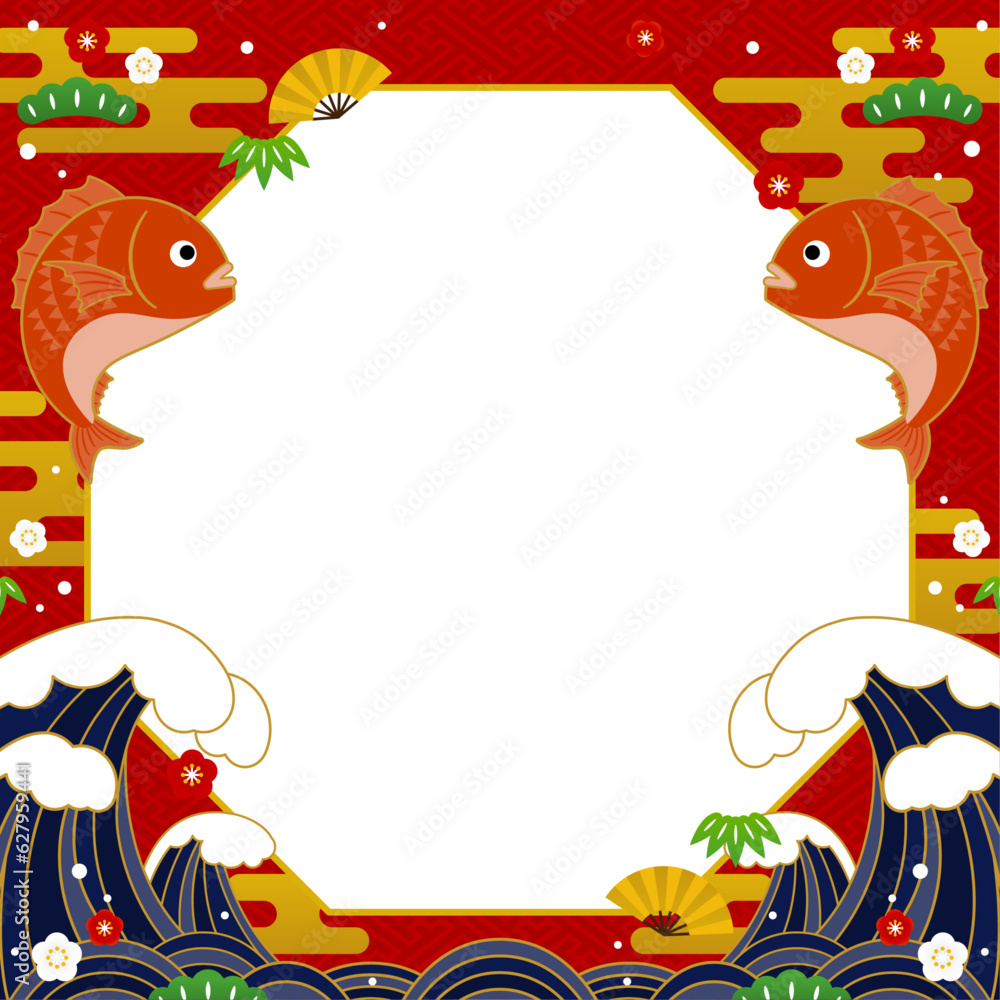 Obraz premium 和風 大波と跳ねる鯛、松竹梅のフレーム・背景素材（正方形）