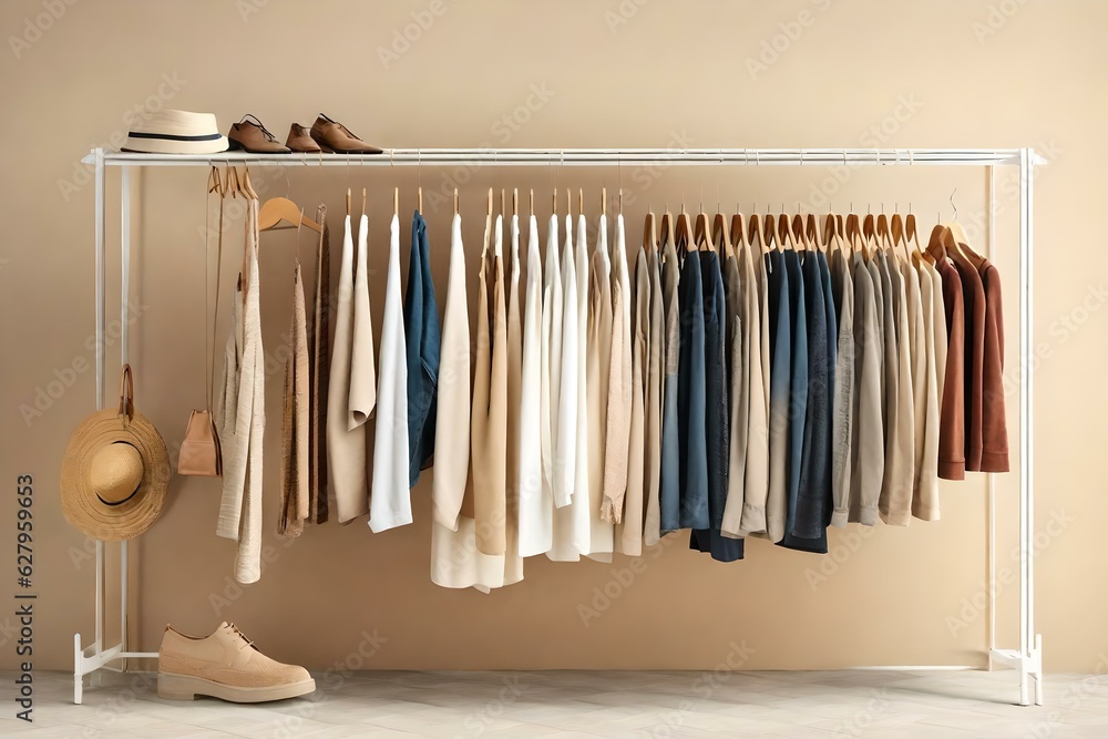 wardrobe with clothes hanging in the hanger background AI GENERATED 