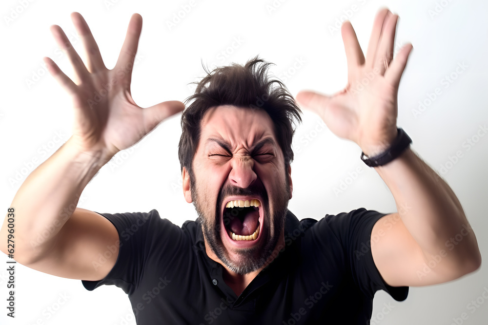A Caucasian man throwing his hands up in frustration, his face contorted with disappointment and anger, isolated on perfect white background. Generative AI A Caucasian man throwing his hands up in frustration, his face contorted with disappointment and anger, isolated on perfect white background. Generative AI