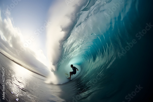 A wide-angle view of a surfer riding a massive wave, capturing the exhilaration and power of the ocean. Generative AI © Mihai Zaharia