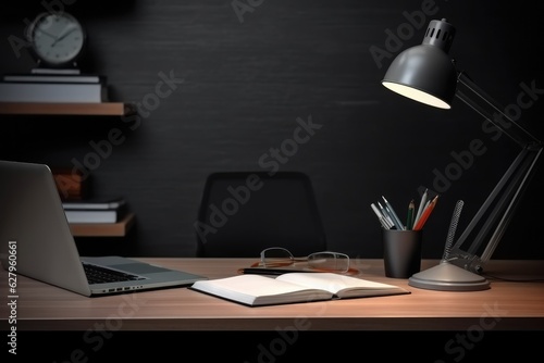 Front view Office desk with office tools, computer laptop on wood table background with copy space. Generative AI © itchaznong