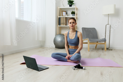 mat woman yoga training lotus health adult lifestyle video laptop home