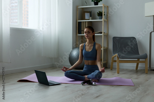 home woman health lotus video lifestyle laptop room training mat yoga