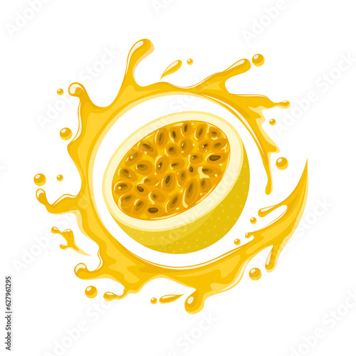Vector illustration, passion fruit or Passiflora edulis, with splashes of juice, isolated on white background.