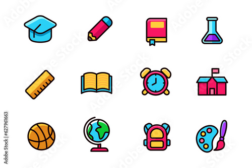 Set of school and education icons in colorful design isolated on white background