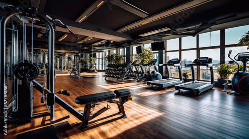A well-equipped gym centered around fitness and wellness. Generative AI © piai