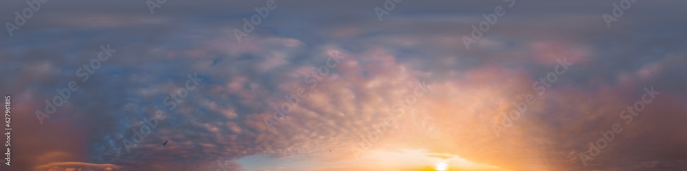 Sunset sky panorama with dramatic bright glowing pink Cumulus clouds. HDR 360 seamless spherical panorama. Full zenith or sky dome for 3D visualization, sky replacement for aerial drone panoramas. Sunset sky panorama with dramatic bright glowing pink Cumulus clouds. HDR 360 seamless spherical panorama. Full zenith or sky dome for 3D visualization, sky replacement for aerial drone panoramas.