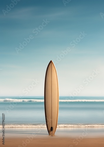 Beach Vibes: A Surfboard Resting Gracefully on the Sandy Shore. Generative Ai © DigitalGenetics