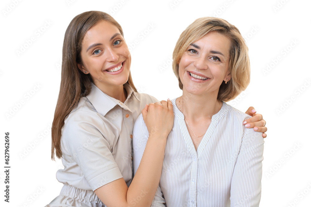 Beautiful middle aged mom and her adult daughter are hugging, looking at camera and smiling on a transparent background Beautiful middle aged mom and her adult daughter are hugging, looking at camera and smiling on a transparent background