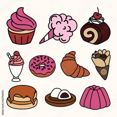 Set of Dessert and Cake Cute Flat Line Illustration