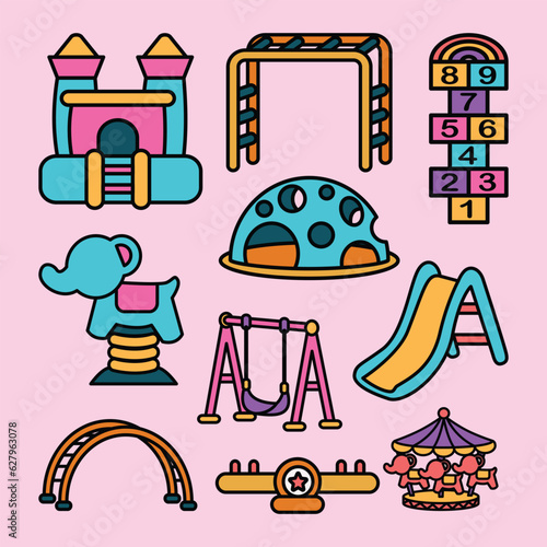 Set of Playground Objects Cute Flat Line Illustration