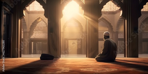 Religious muslim man praying inside the mosque. Generative Ai photo