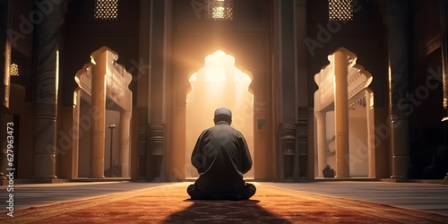 Canvas Print Religious muslim man praying inside the mosque. Generative Ai