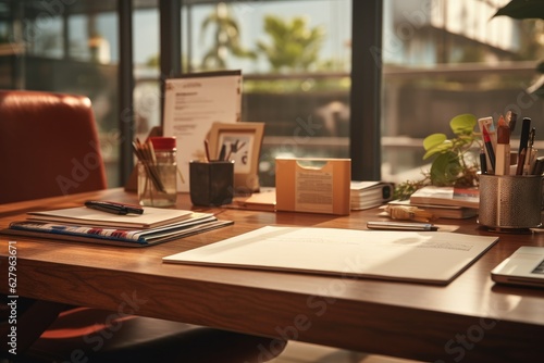 Front view Office desk with office tools, computer laptop on wood table background with copy space. Generative AI