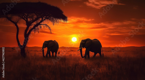an elephant herd walking in an open field at sunrise, generative AI