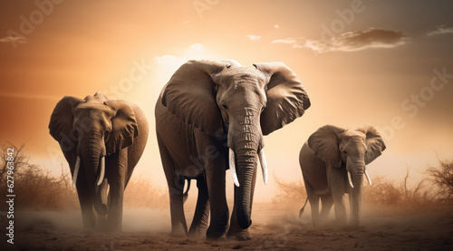 an elephant herd walking in an open field at sunrise, generative AI © Kien