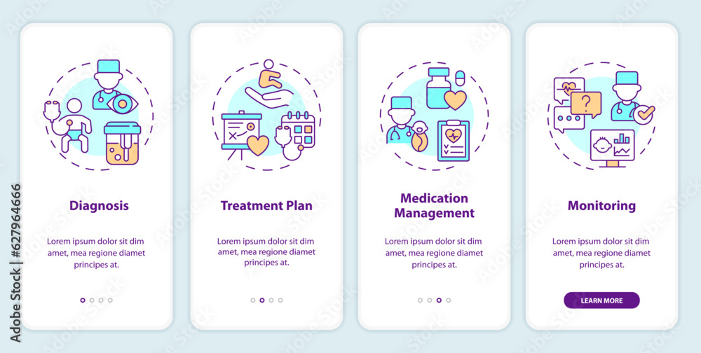 Diagnosis and treatment onboarding mobile app screen. Pediatric care walkthrough 4 steps editable graphic instructions with linear concepts. UI, UX, GUI template. Myriad Pro-Bold, Regular fonts used