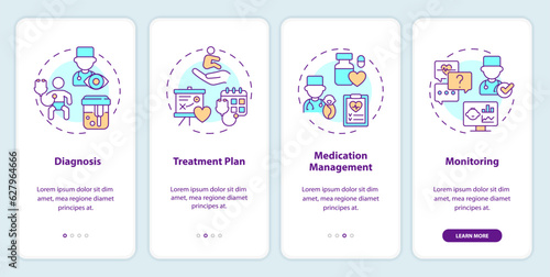 Diagnosis and treatment onboarding mobile app screen. Pediatric care walkthrough 4 steps editable graphic instructions with linear concepts. UI, UX, GUI template. Myriad Pro-Bold, Regular fonts used