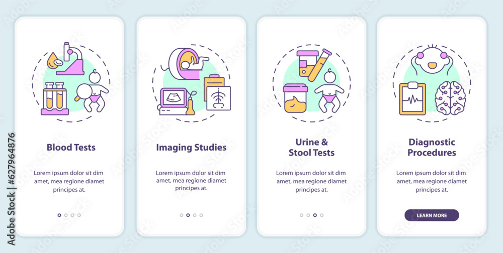 Diagnostic procedures for kids onboarding mobile app screen. Walkthrough 4 steps editable graphic instructions with linear concepts. UI, UX, GUI template. Myriad Pro-Bold, Regular fonts used