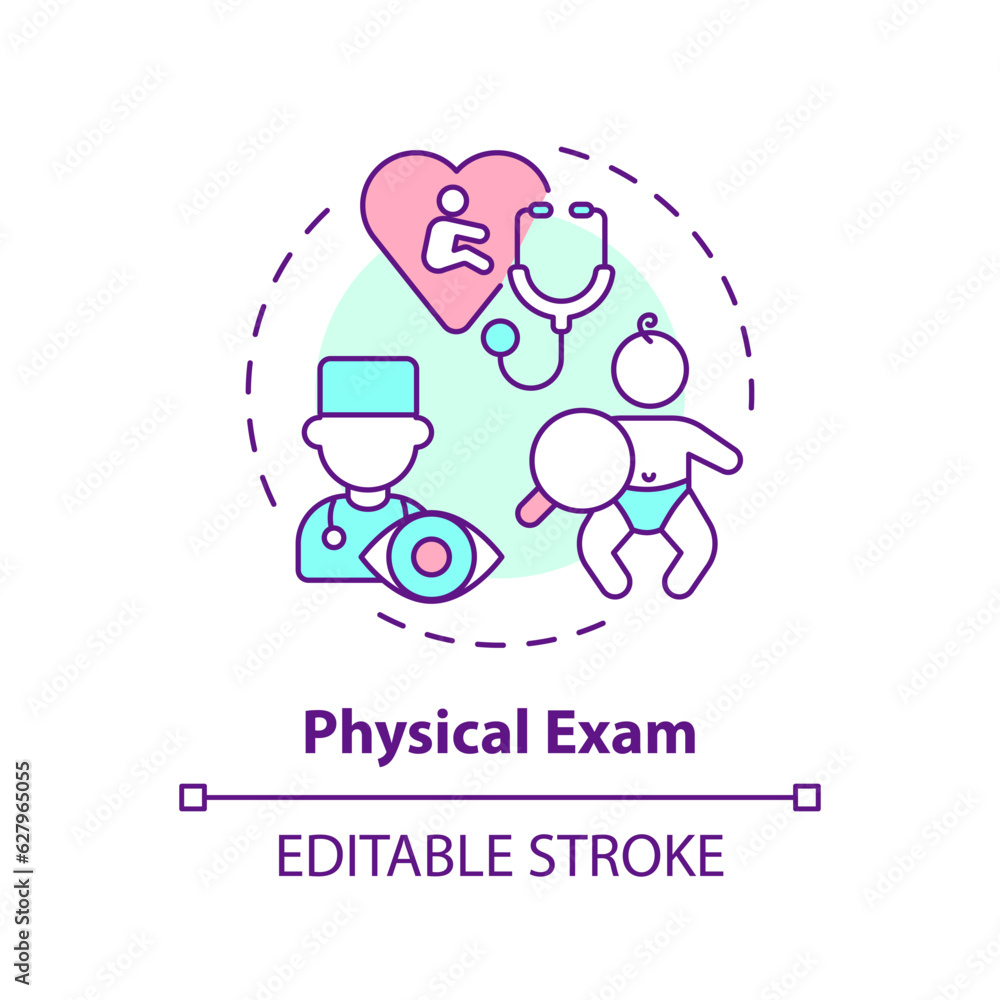 Physical exam concept icon. Clinic appointment. Baby doctor. Medical check up. Doctor visit. Newborn care abstract idea thin line illustration. Isolated outline drawing. Editable stroke Physical exam concept icon. Clinic appointment. Baby doctor. Medical check up. Doctor visit. Newborn care abstract idea thin line illustration. Isolated outline drawing. Editable stroke