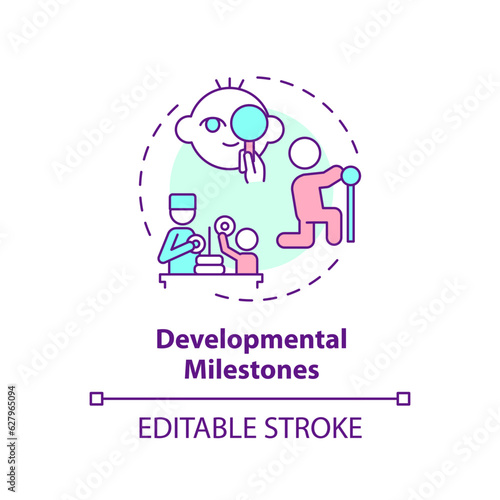 Developmental milestones concept icon. Baby development. Physical exam. Pediatric doctor. Baby growth. Infant care abstract idea thin line illustration. Isolated outline drawing. Editable stroke