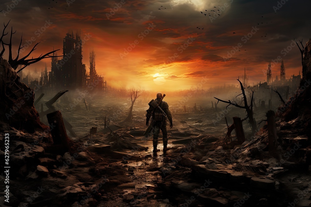 Fantasy landscape with a man in the middle of a destroyed city, A soldier march toward on an apocalyptic ruined landscape, full rear view, AI Generated
