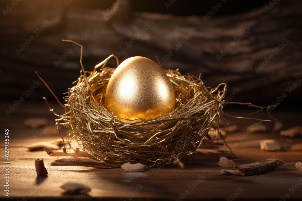 Golden egg in a nest on a wooden background. Happy Easter concept, A shiny and glowing golden egg on the small bird's nest on a wooden surface, AI Generated Golden egg in a nest on a wooden background. Happy Easter concept, A shiny and glowing golden egg on the small bird's nest on a wooden surface, AI Generated