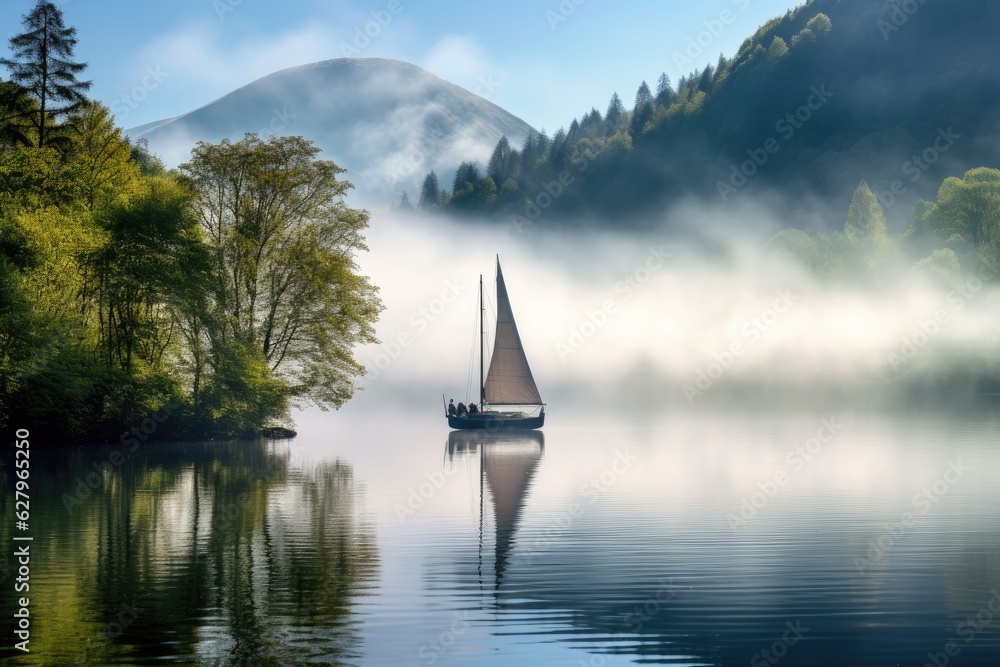 Sailing boat on the lake in the morning mist. Beautiful landscape. a serene lake with trees and plants in spring colors, mountains in the background, a small sail boat on the lake, AI Generated