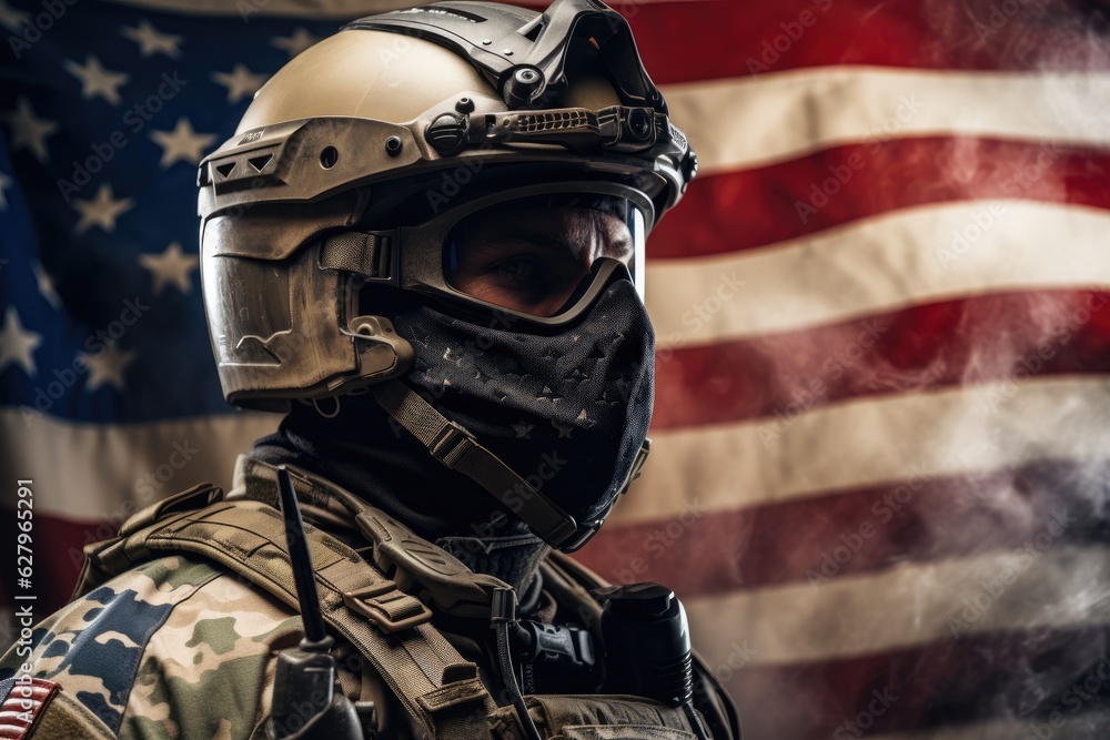 American soldier in helmet and gas mask on the background of the American flag, A soldier wearing a modern helmet and equipment, side view, American flag on background, AI Generated