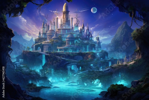 Fantasy landscape with fantasy castle and moon. 3D illustration. A thriving hidden oceanic civilization with enchanting architecture, bioluminescent plants, and mysterious inhabitants, AI Generated