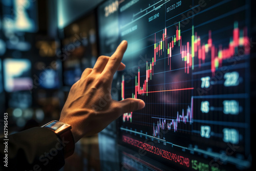 businessman hand pointing to stock market graph. Business concept. AI Generative.