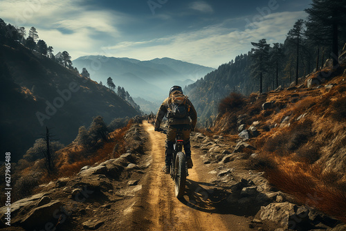 A man blasts through nature on a mountain bike, Generative AI.