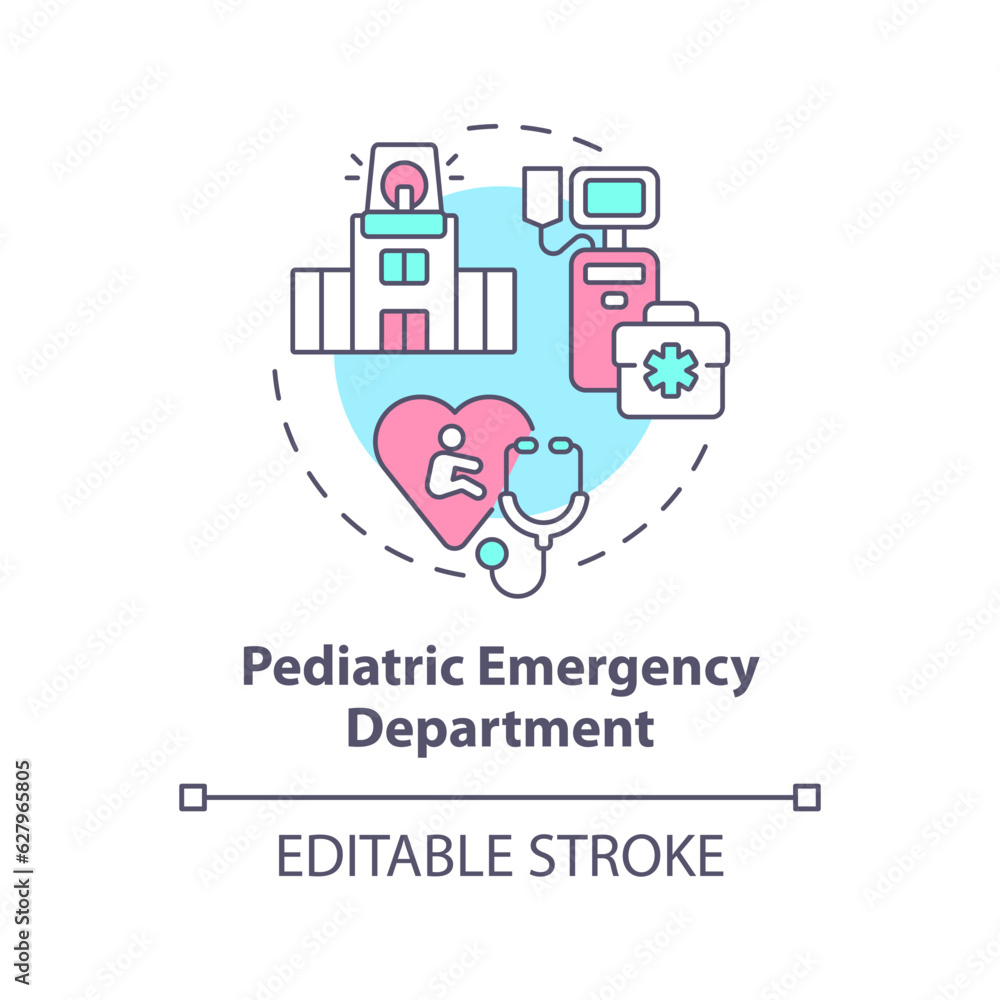 Pediatric emergency department concept icon. Critical care. Medical equipment. Trauma center. Children hospital abstract idea thin line illustration. Isolated outline drawing. Editable stroke