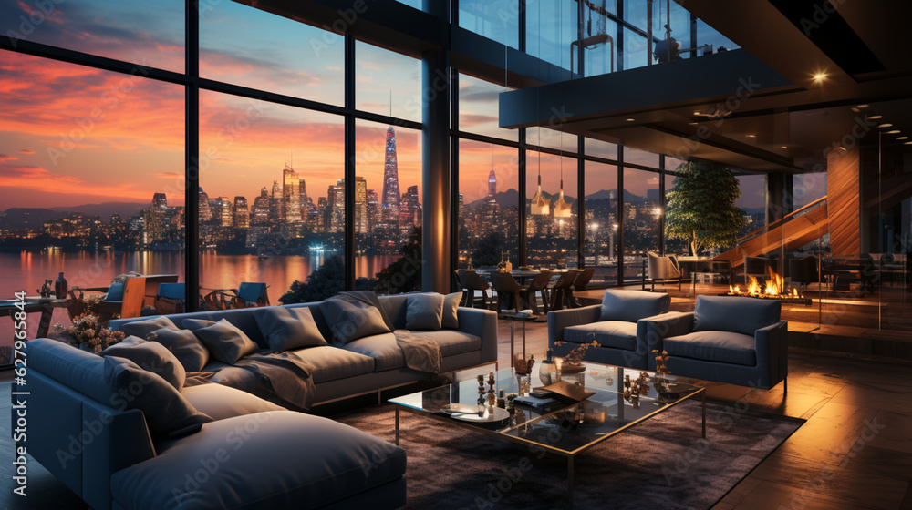 The interior of a modern living room with panoramic windows and beautiful views from the windows. 3D visualization. Luxurious interior design The interior of a modern living room with panoramic windows and beautiful views from the windows. 3D visualization. Luxurious interior design
