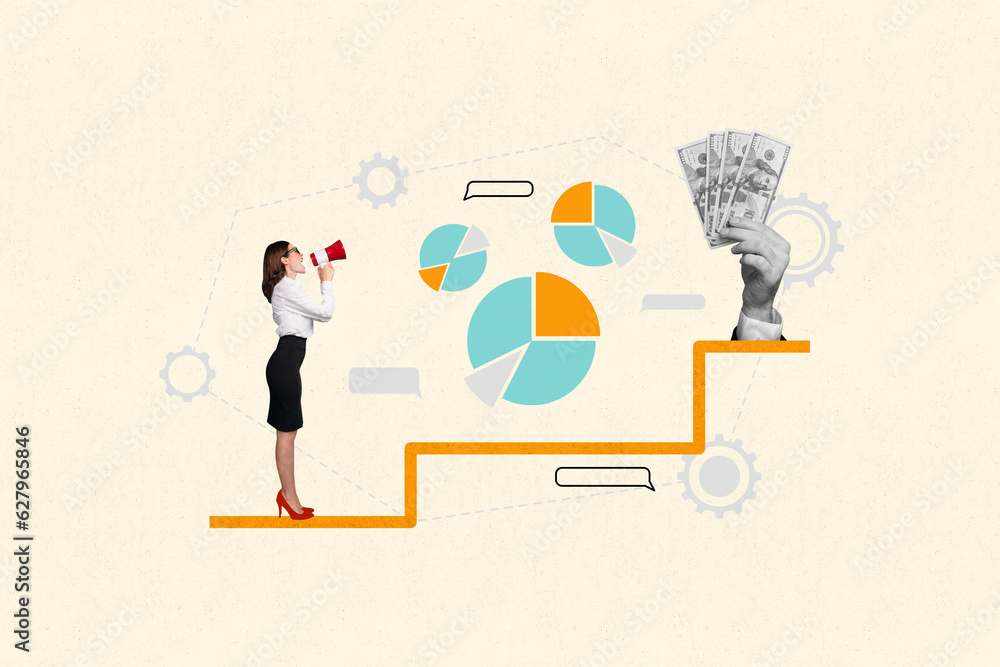 Artwork collage picture of mini elegant girl speak loudspeaker toa big black white colors arm hold dollar bills stats diagram dialogue bubble