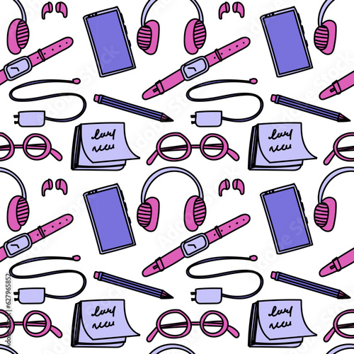 Seamless pattern of workspace items on a desk. Includes watch, phone, stickers, headphones, charging cable, and glasses.
