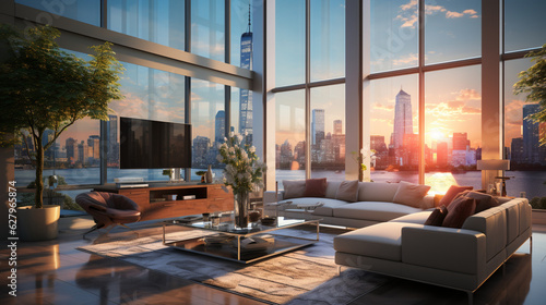 The interior of a modern living room with panoramic windows and beautiful views from the windows. 3D visualization. Luxurious interior design