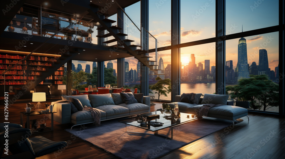 The interior of a modern living room with panoramic windows and beautiful views from the windows. 3D visualization. Luxurious interior design