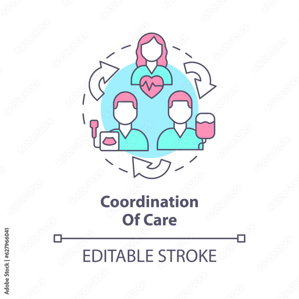 Coordination of care concept icon. Healthcare professional. Information sharing. Emergency team. Medical clinic abstract idea thin line illustration. Isolated outline drawing. Editable stroke Coordination of care concept icon. Healthcare professional. Information sharing. Emergency team. Medical clinic abstract idea thin line illustration. Isolated outline drawing. Editable stroke