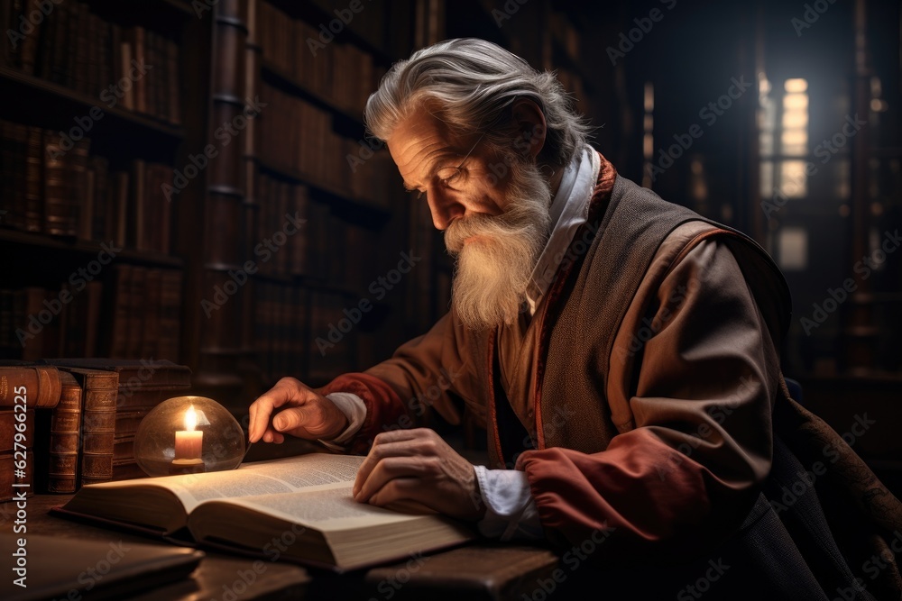 An old man reading a book in a library. Generative AI. An old man reading a book in a library. Generative AI.