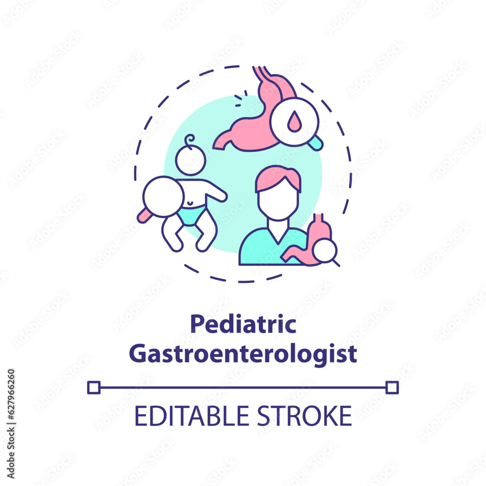 Pediatric gastroenterologist concept icon. Digestive system. Stomach doctor. Healthcare practitioner. Child clinic abstract idea thin line illustration. Isolated outline drawing. Editable stroke