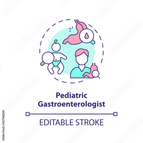 Pediatric gastroenterologist concept icon. Digestive system. Stomach doctor. Healthcare practitioner. Child clinic abstract idea thin line illustration. Isolated outline drawing. Editable stroke
