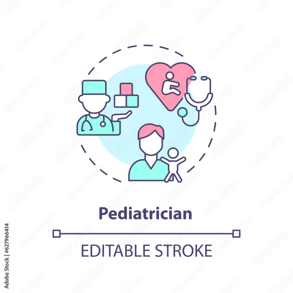 Pediatrician concept icon. Primary care physician. Child doctor. Children health. Medical specialist. Pediatric clinic abstract idea thin line illustration. Isolated outline drawing. Editable stroke Pediatrician concept icon. Primary care physician. Child doctor. Children health. Medical specialist. Pediatric clinic abstract idea thin line illustration. Isolated outline drawing. Editable stroke