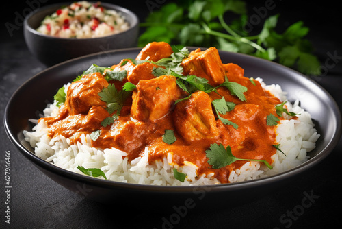 Delicious chicken tikka masala with white rice topped with prasley