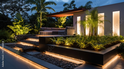 Modern house landscape illuminated ин creative light designs Generative AI © piai