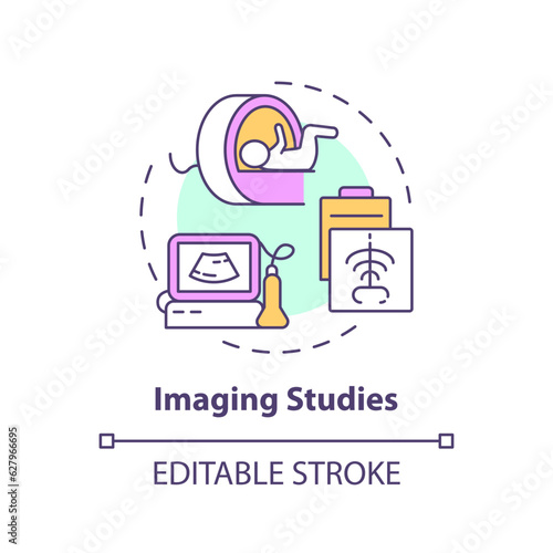 Imaging studies concept icon. X ray machine. Bone scan. Diagnostic equipment. Computed tomography. Pediatric clinic abstract idea thin line illustration. Isolated outline drawing. Editable stroke
