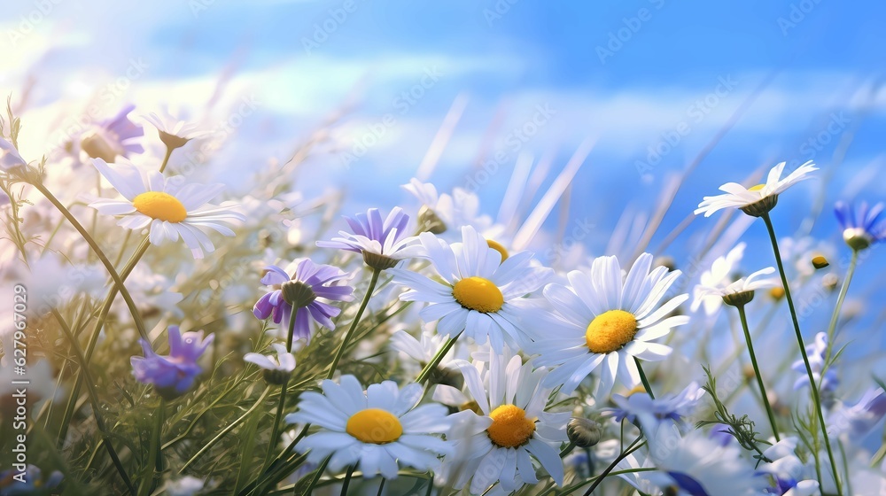 Closeup Beautiful meadow in summer with wild flowers camomile and blue sky background 